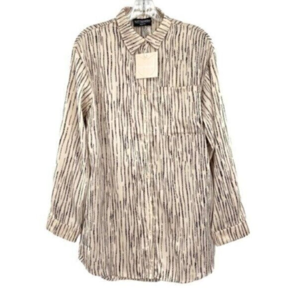 Kittenish Cream Oversized Long Button Down Satin Tunic Blouse New